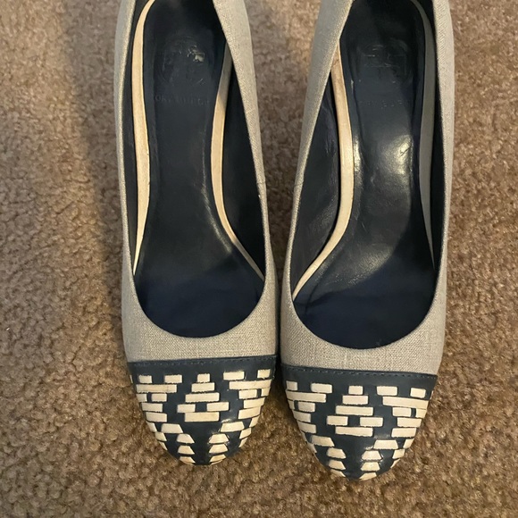Well-loved Tory Burch heels - navy/grey with a minimum scuff on heels. - Picture 2 of 6